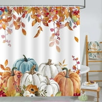 Fall Pumpkin Shower Curtain, Thanksgiving Autumn Maple Leaves Watercolor Harvest Bathroom Curtains with Hooks for Bathroom Decor, Waterproof Polyester Fabric 72x72 in