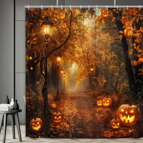 Fall Pumpkin Shower Curtain，Thanksgiving Harvest Lights Shower Curtain Autumn Pumpkin Rustic Bathroom Decor Waterproof Fabric with Hooks Set, 72x72 Inch