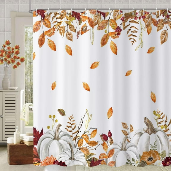 Fall Pumpkin Shower Curtain, Watercolor Autumn Pumpkins with Gold Branches Falling Leaves Harvest Bathroom Curtain Waterproof Fabric Machine Washable with Hooks, 72 Wx72 L