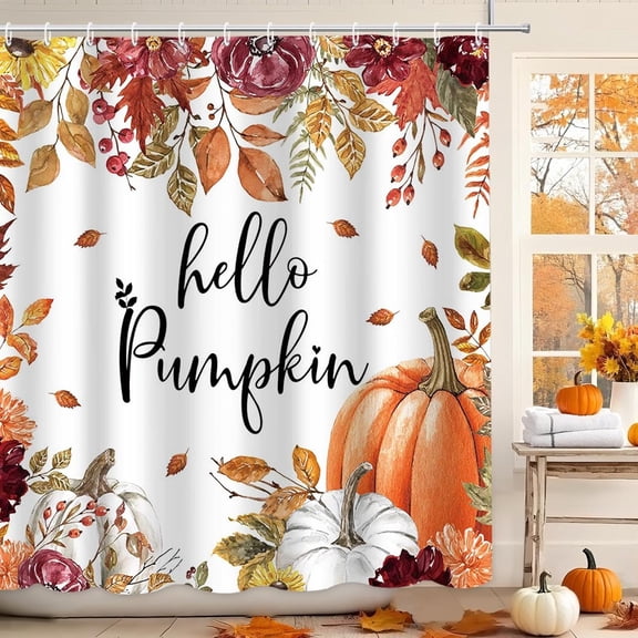Fall Pumpkin Shower Curtain Watercolor Floral Hello Pumpkin Shower Curtain for Bathroom Thanksgiving Maple Leaves Home Bathtub Decor Fabric Waterproof Bath Curtain with 12 Hooks 72x72 inch