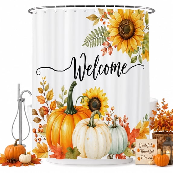 Fall Pumpkin Shower Curtain, Waterproof Shower Curtains for Bathroom, Rustic Thanksgiving Harvest Leaves Flower Orange Washable Fabric Bathtub Curtain Set Bath Decor with 12 Hooks 72"x78"