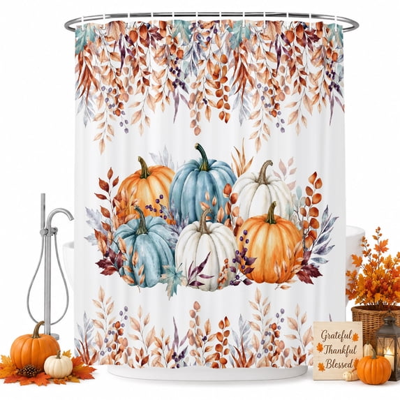 Fall Pumpkin Shower Curtain, Waterproof Shower Curtains for Bathroom, Thanksgiving Botanical Autumn Eucalyptus Washable Fabric Bathtub Curtain Set Bath Decor with 12 Hooks 72"x78"