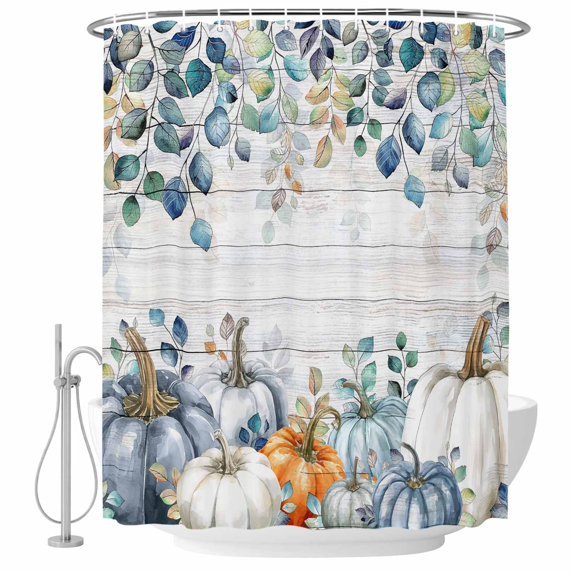 Fall Pumpkin Shower Curtain, Waterproof Shower Curtains for Bathroom, Thanksgiving Eucalyptus Leaves Rustic Wood Plank Washable Fabric Bathtub Curtain Set Bath Decor with 12 Hooks Standard 72"x72"