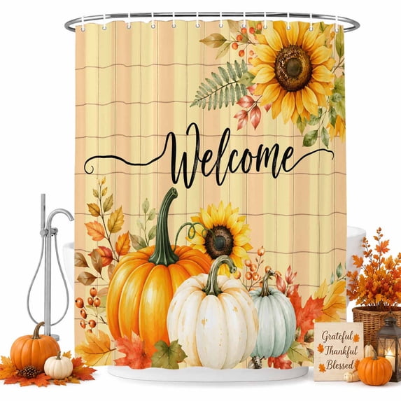 Fall Pumpkin Shower Curtain, Waterproof Shower Curtains for Bathroom, Thanksgiving Maple Leaf Sunflowers Plaid Orange Washable Fabric Bathtub Curtain Set Bath Decor with 12 Hooks 72"x78"