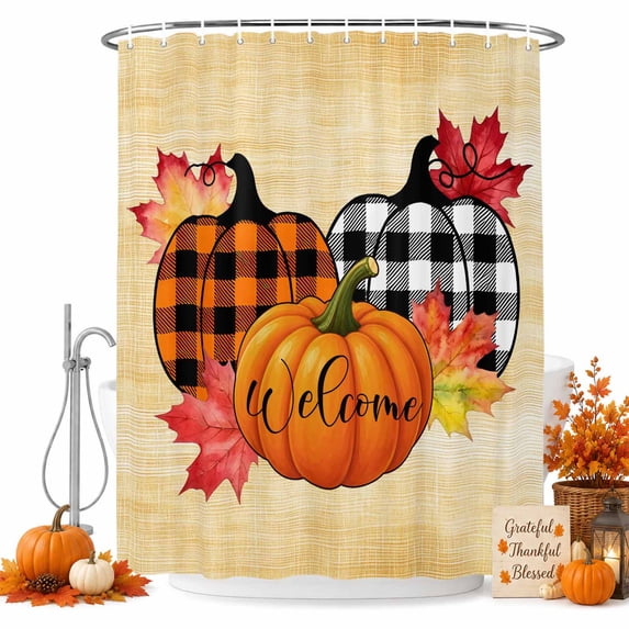 Fall Pumpkin Shower Curtain, Waterproof Shower Curtains for Bathroom, Thanksgiving Maple Leaves Harvest Plaid Khaki Washable Fabric Bathtub Curtain Set Bath Decor with 12 Hooks Stall 36"x72"