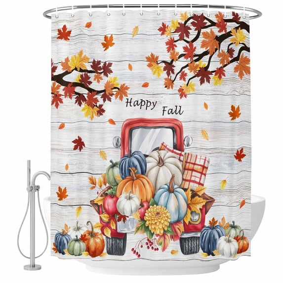 Fall Pumpkin Shower Curtain, Waterproof Shower Curtains for Bathroom, Thanksgiving Truck Leaf Gray Wood Grain Washable Fabric Bathtub Curtain Set Bath Decor with 12 Hooks Extra Long 72"x96"