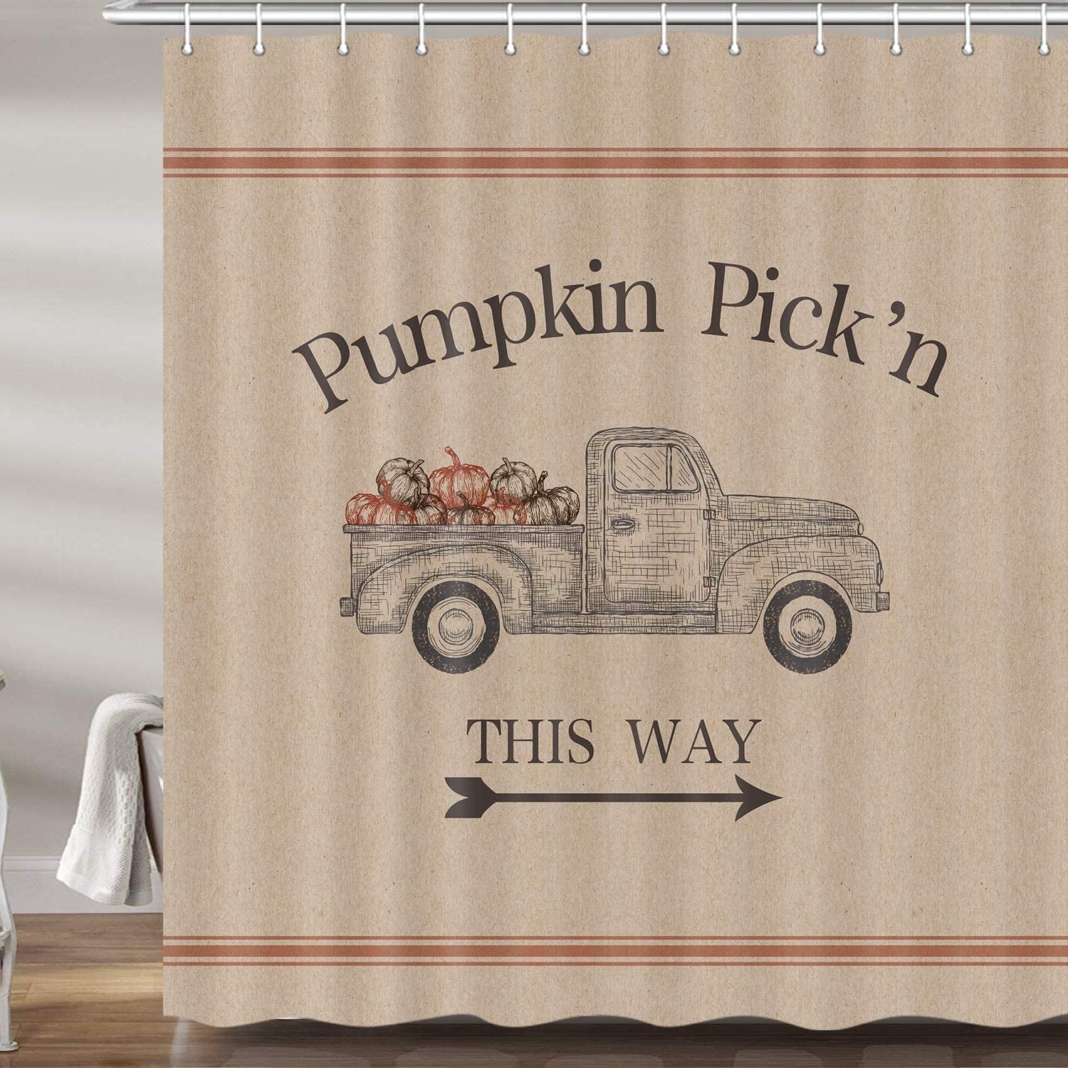 Fall Pumpkin Shower Curtains for Bathroom, Vintage Autumn Thanksgiving Country Fabric Shower Curtain Set, Halloween Farmhouse Bathroom Accessories Decor, Hooks Included (69" W X 72" H)