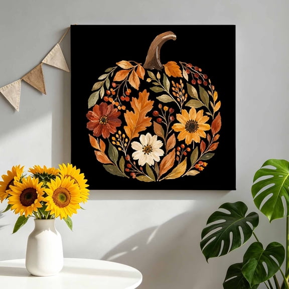 Fall Pumpkin Silhouette Canvas Wall Art, Harvest Red Orange Maple Leaf Flower Berry Framed Canvas Wall Decor Picture Print Artwork Decorations for Living Room Office Ready to Hang 8" x 8"