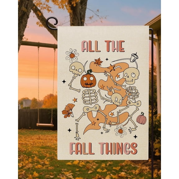 Fall Pumpkin Skeleton Garden Flag 12 x 18 Inch Double Sided Burlap Seasonal Autumn Outdoor Yard Decoration