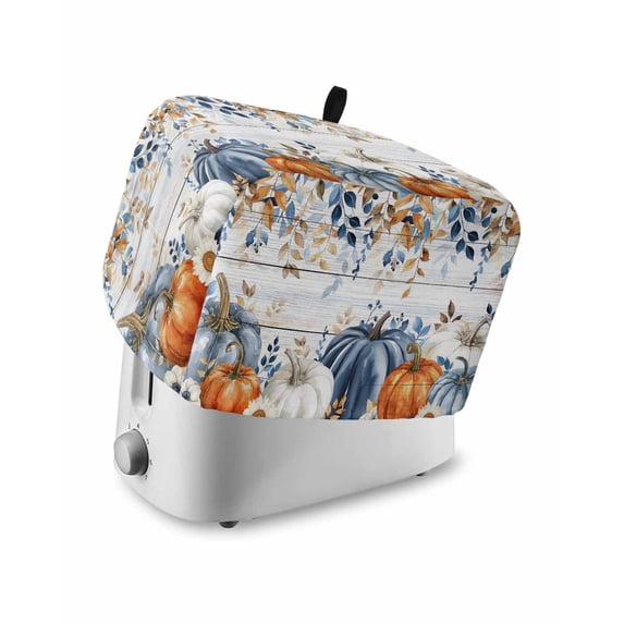 Fall Pumpkin Small Toaster Cover 2 Slice, Kitchen Appliance Covers, Thanksgiving Blue White Orange Plants Wood Toaster Oven Cover with Loop, Bread Machine Cover Polyester Dust Cover Protection