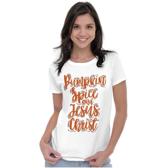 Fall Pumpkin Spice and Jesus Christ Womens Slim Fit Graphic Tee Brisco Brands L