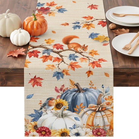 Fall Pumpkin Squirrel Table Runner - 60 Inch Long Thanksgiving Birds Maple Leaf Branch Cotton and Linen Blended Dress Scarves Farmhouse Table Runner for Kitchen Dining, Coffee Table, 13" x 60"