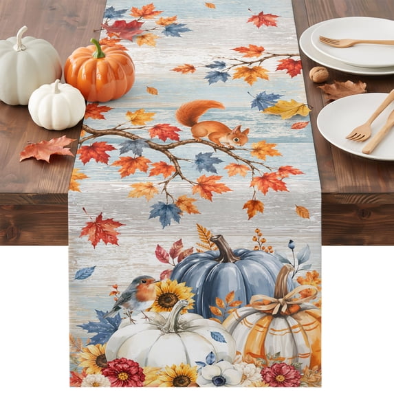 Fall Pumpkin Squirrel Table Runner - 72 Inch Long Thanksgiving Birds Maple Leaf Wooden Cotton and Linen Blended Dress Scarves Farmhouse Table Runner for Kitchen Dining, Coffee Table, 13" x 72"