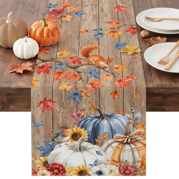 Fall Pumpkin Squirrel Table Runner - 72 Inch Long Thanksgiving Maple Leaf Vintage Wood Cotton and Linen Blended Dress Scarves Farmhouse Table Runner for Kitchen Dining, Coffee Table, 13" x 72"
