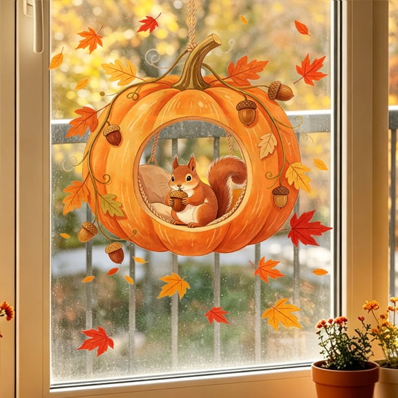 Fall Pumpkin Squirrel Wall Decal, Cartoon Maple Leaf Acorn Pumpkin Squirrel Window Sticker, Autumn Harvest Home Decor for Bedroom TV Background