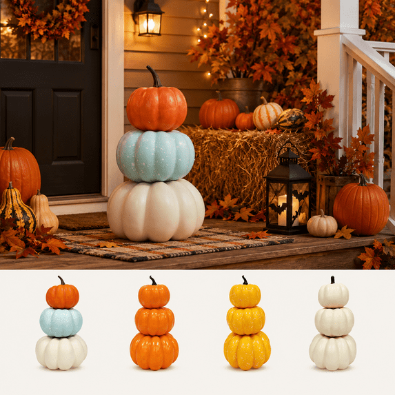 Fall Pumpkin Stack Decor, 3 Tier Resin Look Plastic Pumpkin Ornament, Tabletop Decor for Mantel Tiered Tray
