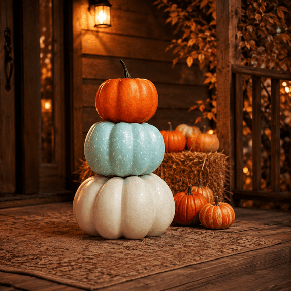 Fall Pumpkin Stack Decor, 3 Tier Resin Look Plastic Pumpkin Ornament, Tabletop Decor for Mantel Tiered Tray