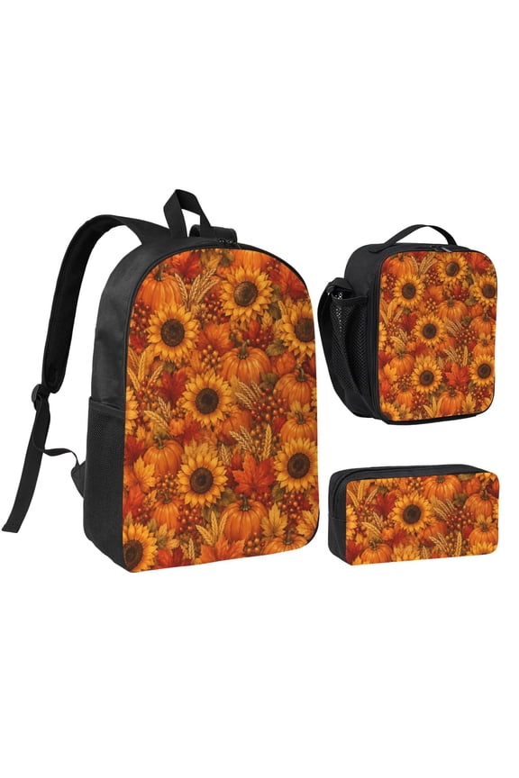 Fall Pumpkin Sunflower Backpack Set 3pc Including Backpack, Lunch Bag and Pen Bag Combination