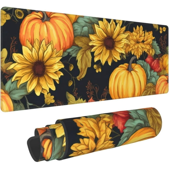 Fall Pumpkin Sunflower Mouse Pad 31.5x11.8 XL Watercolor Autumn Leaf Floral Extended Mousepad Large Keyboard Mouse Mat Desk Pad with Non-Slip Rubber Base Stitched Edges for Home Office Game
