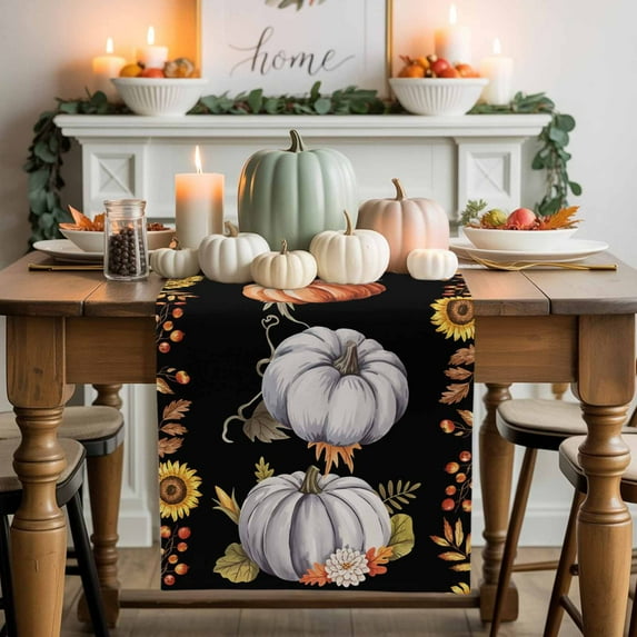 Fall Pumpkin Sunflower Table Runner, Autumn Thanksgiving Kitchen Dining Table Decoration for Home Party Decor 13x48 Inches