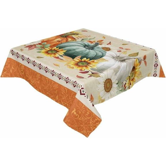 Fall Pumpkin Sunflower Tablecloth Rectangle Round Table Cloth 60x60 Inch, Orange Indoor or Outdoor Tablecloth, Waterproof Fabric Table Cover for Party Holiday Picnic Kitchen Thanksgiving Decorations