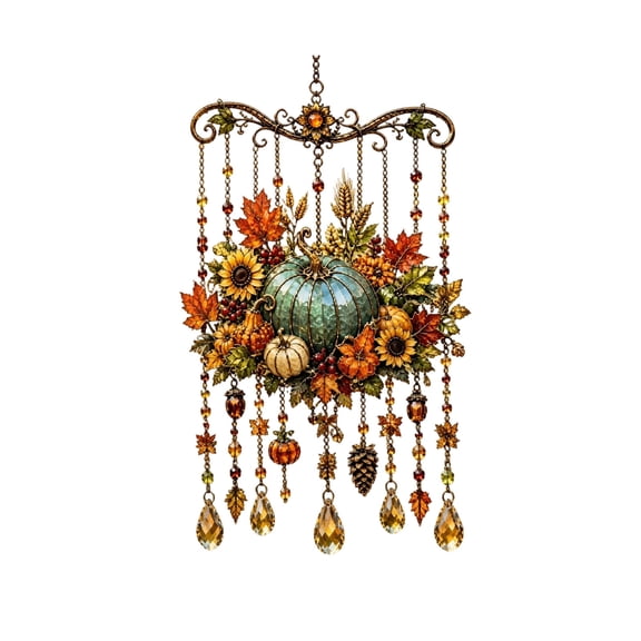 Fall Pumpkin Sunflower Wind Chime Sun Catcher Crystal Teardrop Hanging Ornament for Thanksgiving Window Garden Decor