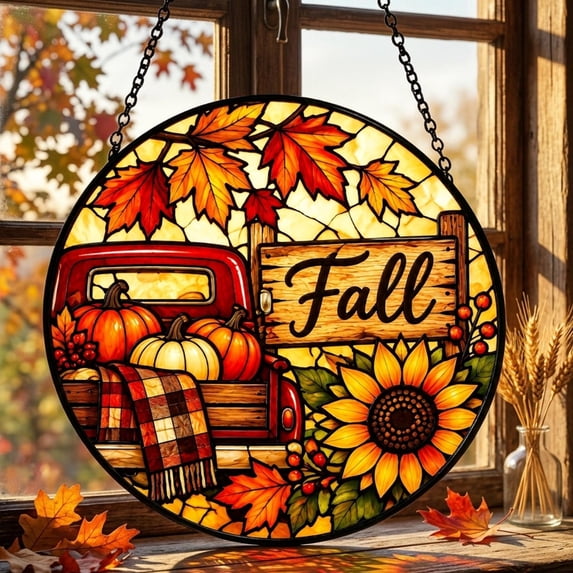 Fall Pumpkin, Sunflower and Maple Leaf Stained Glass Style Suncatcher ...