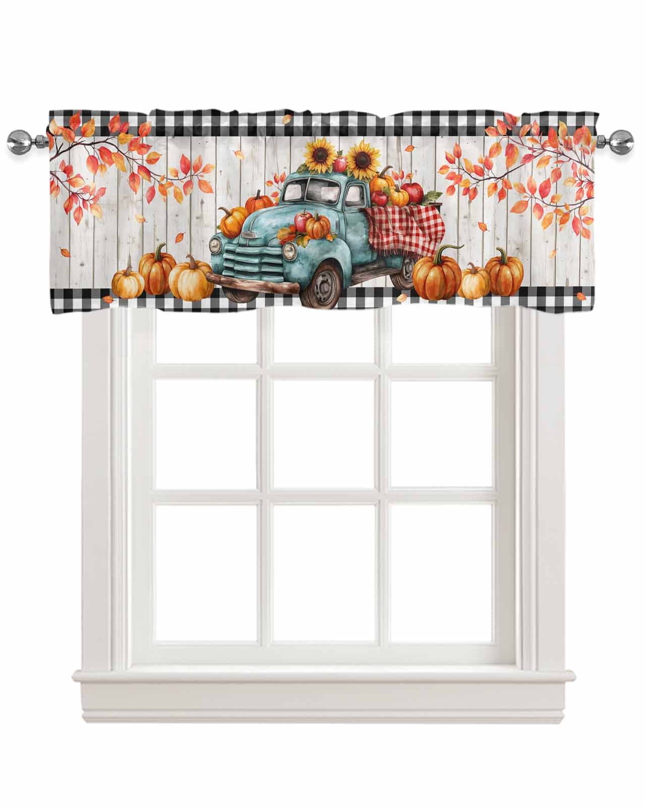 Fall Pumpkin Sunflowers Kitchen Valances for Windows Farmhouse Linen Window Valance Curtain for Living Room Window Treatment Thanksgiving Branch Wood Grain Valance Rod Pocket Topper, 42 x 18 Inch