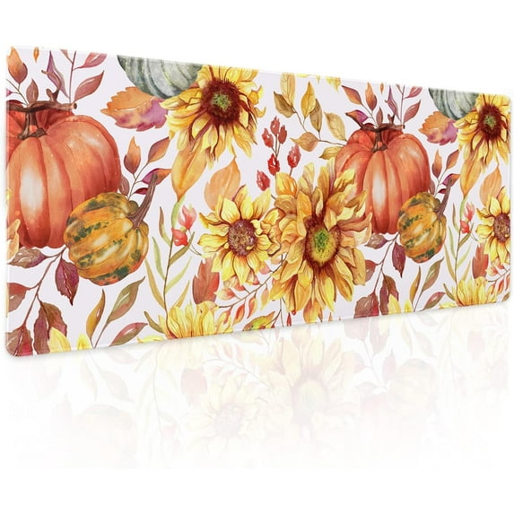 Fall Pumpkin Sunflowers Mouse Pad XL Watercolor Retro Autumn Leaves Floral Extended Desk Mat Non-Slip Rubber Base Stitched Edge Large XL Thanksgiving Mousepad for Desk Gaming Laptop,31.5×11.8 in