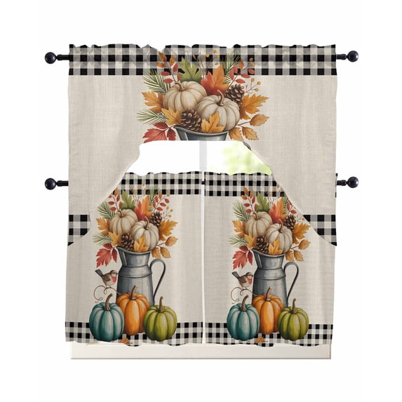 Fall Pumpkin Swag Kitchen Curtains Sets for Windows 24 Inch Length, Thanksgiving Maple Leaf Plant Fruit Plaid Short Window Curtain Panels Swags Valances and Tiers 3 Piece Set for Cafe/Dining Room