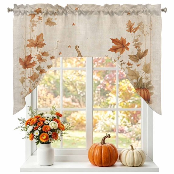 Fall Pumpkin Swag Valances for Windows 56 x 36 Inch, Orange Maple Leaf Watercolor Linen Texture Rod Pocket Light Filtering Window Topper for Kitchen Bathroom Bedroom Living Room
