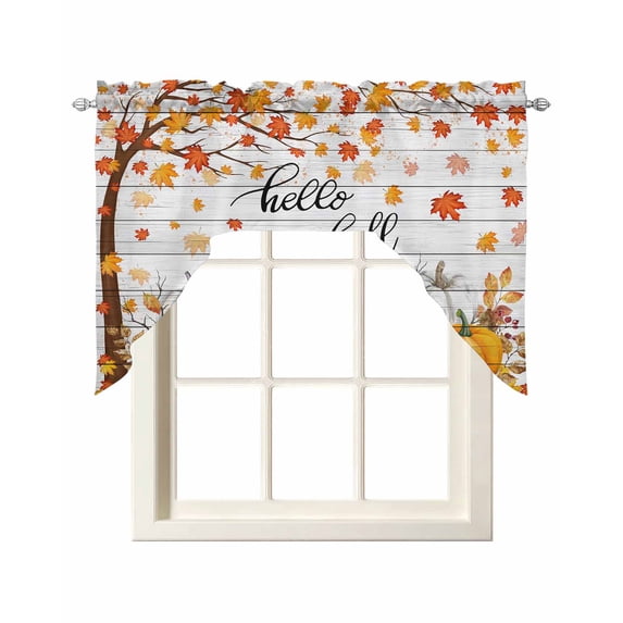 Fall Pumpkin Swag Valances for Windows, Small Curtains Drapes, Orange White Thanksgiving Maple Leaf Kitchen Window Curtains Over Sink Rod Pocket Window Treatment Valance for Bedroom/Bathroom 56"x36"