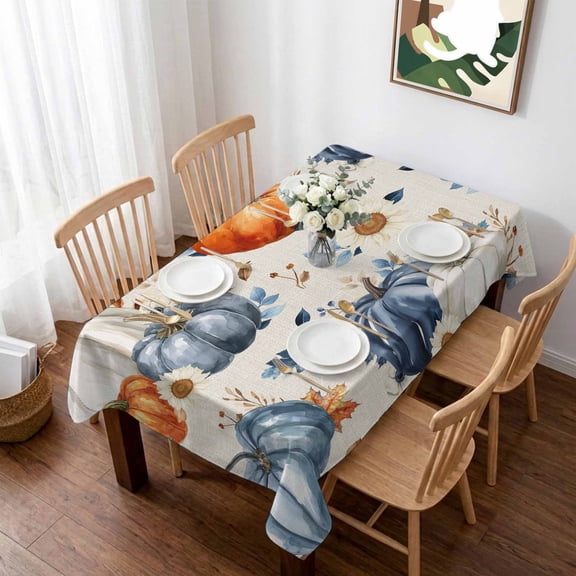 Fall Pumpkin Table Cloth Waterproof Tablecloths, Thanksgiving Autumn Daisy Rustic Leaves Beige Tablecloth Dining Table Cover for Kitchen Party Tabletop Outdoor, Rectangle Tablecloth 52x70 Inch