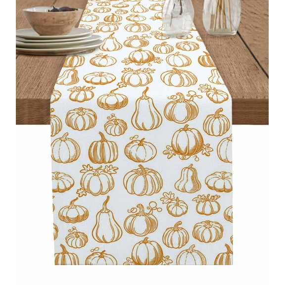 Fall Pumpkin Table Runner 36 Inches, Thanksgiving Country Orange Plants Lines Bed Runner Dresser Scarves Tabletop for Indoor Outdoor Parties/Ceremony/Banquet, 13"x 36"