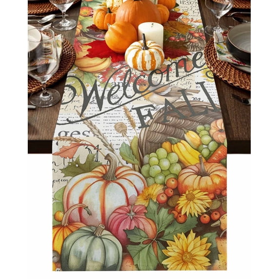 Fall Pumpkin Table Runner-Cotton Linen- 72 Inch Holiday Dresser Scarves, Thanksgiving Birds Flowers Retro Newspaper Tablerunner for Kitchen Coffee/Dining Bedroom Living Room Dinner Scarf Décor 16x72