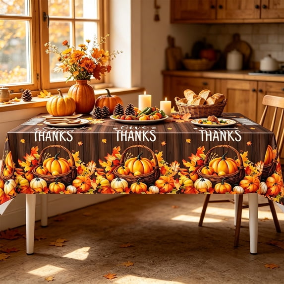 Fall Pumpkin Tablecloth 108 x 60 Inch Rectangle, Beige,Maple Leaves & Pumpkin Pattern, Spillproof Wrinkle Resistant Table Cover for Harvest Thanksgiving Autumn Holiday Dining Decor