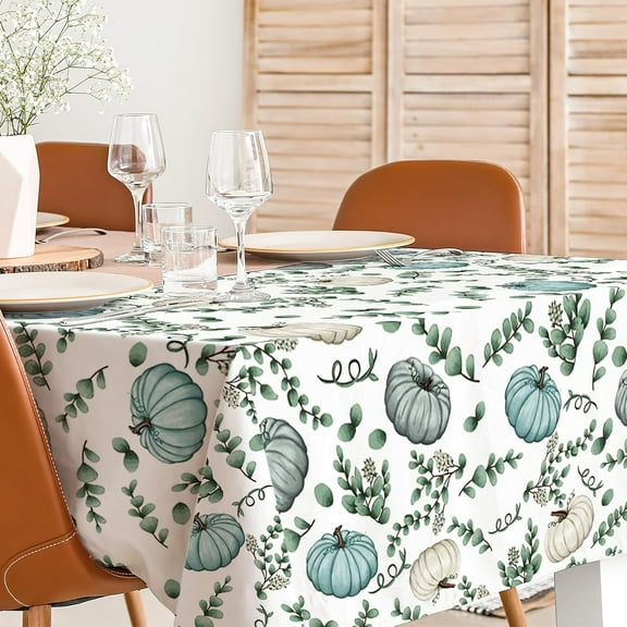 Fall Pumpkin Tablecloth 60 x 102 Inch Rectangle Autumn Blue Pumpkin Table Cover Waterproof Eucalyptus Leaves Table Cloth for Thanksgiving Picnic Dinner Table Home Kitchen Party Decor