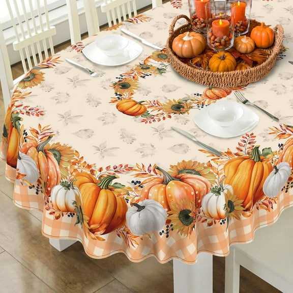 Fall Pumpkin Tablecloth Buffalo Plaid Thanksgiving Autumn Table Cloth 60"x120", Waterproof Fall Table Cover for Fall Harvest Party Decoration-Orange Pumpkin
