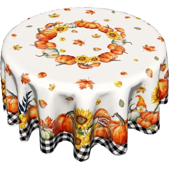 Fall Pumpkin Tablecloth Round 60 Inch Autumn Harvest Washable Table Cover Waterproof Polyester Fabric Decorative for Holiday Home Party