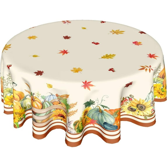 Fall Pumpkin Tablecloth Round 60 Inch Thanksgiving Autumn Leaf Table Cloth Washable Sunflower Maple Leaves Harvest Table Cover Decorative for Home Kitchen Dining Indoor Outdoor Party Picnic