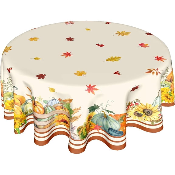 Fall Pumpkin Tablecloth Round 60 Inch Thanksgiving Autumn Leaf Table Cloth Washable Sunflower Maple Leaves Harvest Table Cover Decorative for Home Kitchen Dining Indoor Outdoor Party Picnic