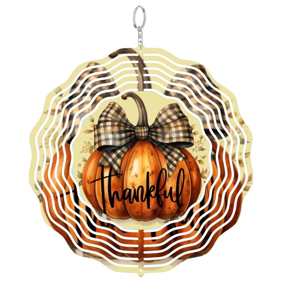 Fall Pumpkin Thankful Grateful 3D Wind Spinner Kinetic Metal Hanging Thanksgiving Sign Round