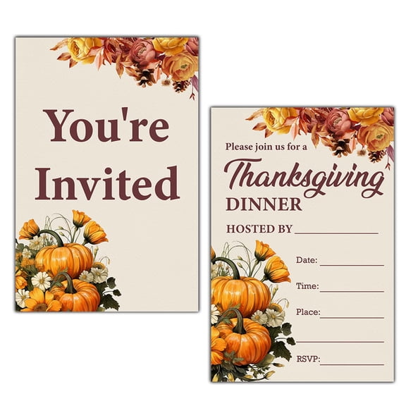 Fall Pumpkin Theme Thanksgiving Party Invitations 20 Pack with Envelopes 4x6 Inches