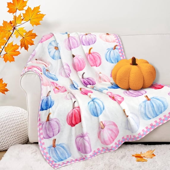 Fall Pumpkin Throw Blanket, Cute Pumpkin Blanket Autumn Thanksgiving Pink Blanket for Couch Bed Chair 60\u201d*50\u201d