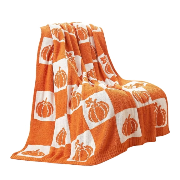 Fall Pumpkin Throw Blanket, Soft Cozy Decorative Knit Blanket for Halloween, Thanksgiving, and Home Decor, Sofa, Bed, and Reading Nooks