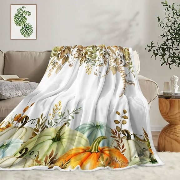 Fall Pumpkin Throw Blanket, Watercolor Autumn Pumpkins Leaves Cozy Fuzzy Flannel Blankets and Throws, Farmhouse Thanksgiving Harvest Couch Sofa Bed Camping Travel Picnic Outdoor Blanket,50X60IN