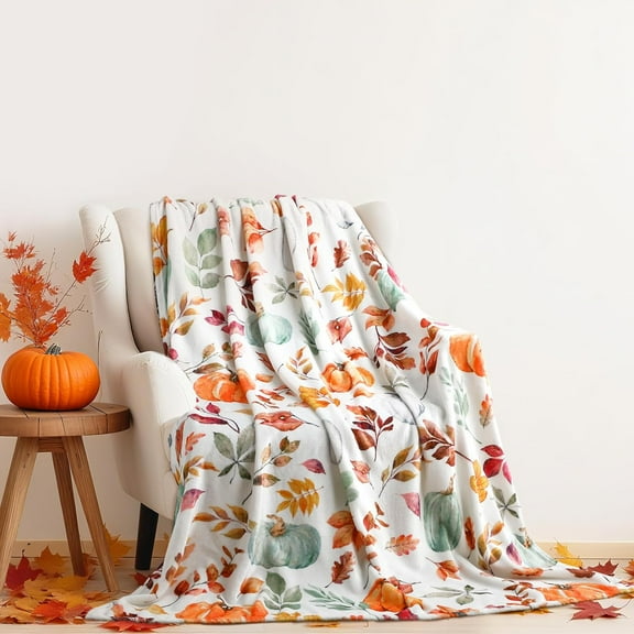 Fall Pumpkin Throw Blanket Watercolor Leaves Plush Flannel Blanket Soft Fall Harvest Cozy Throw for Home Couch Bed Sofa Thanksgiving Holiday Decorations, 50 x 60 Inches (Orange and Green)