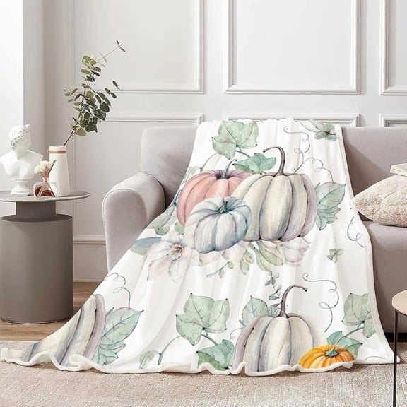 Fall Pumpkin Throw Blankets, Thanksgiving Autumn Harvest Leaves Floral Watercolor Seasonal Flannel Warm Soft Bed Couch Blanket, White Fleece Throws to Decorate The Room and Bedroom 50X60