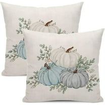 Fall Pumpkin Throw Pillow Covers 16x16 Set of 2, Watercolor Blue Pumpkin Decoration Throw Pillow Covers Thanksgiving Autumn Harvest Outdoor Cushion Cover for Sofa Couch Farmhouse Room Bed Decor