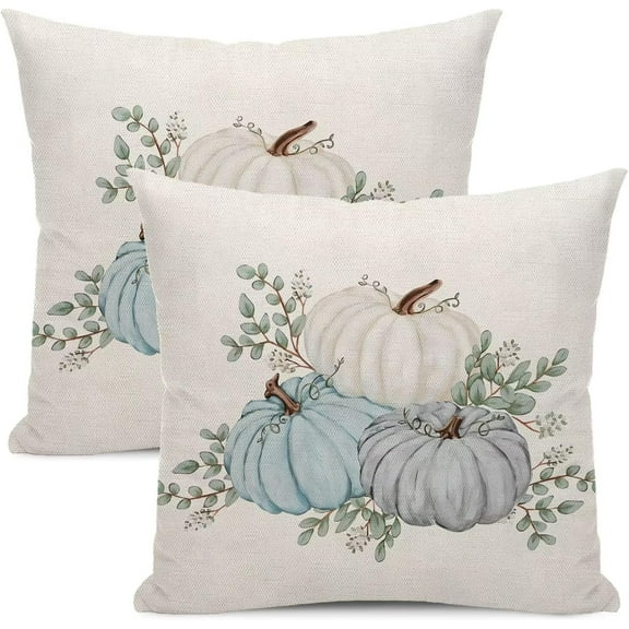 Fall Pumpkin Throw Pillow Covers 16x16 Set of 2, Watercolor Blue Pumpkin Decoration Throw Pillow Covers Thanksgiving Autumn Harvest Outdoor Cushion Cover for Sofa Couch Farmhouse Room Bed Decor